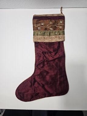 Crate & Barrel Velvet Stocking in Burgundy with Embroidered Cuff